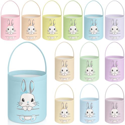 SATINIOR 12 Pack Easter Basket Bulk Easter Bunny Canvas Buckets with Handles Large Personalized Cute Rabbit Tote Bags for Hunt Party Favor Gifts(Pastel Color) by SATINIOR