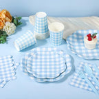 400 Pcs Gingham Party Supplies for 50 Guests Blue and White Scalloped Paper Plates and Napkins Knives Spoons Forks Cups Disposable Checkered Dinner Party Set for BBQ Baby Shower Wedding - Image 5
