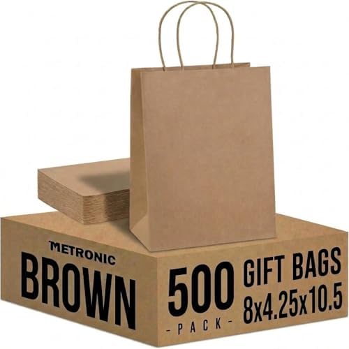 METRONIC 500 Pack Brown Paper Bags 8x4.25x10.5 inch,Medium Kraft Craft Gift Bag Bulk with Handles,Recycled for Boutique Holiday Grocery Welcome Party Favor Shopping Merchandise Takeout bags by METRONIC