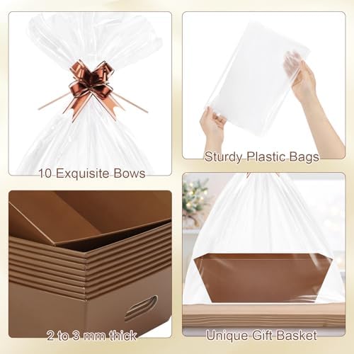 10PACK Brown Baskets For Gifts Empty, 10 x 8” Thick Gift Basket with 10 Clear Bags and Pull Bows, Cardboard Gifts Baskets Trays with Handles for Christmas, Thanksgiving, Wedding, Birthday - Brown - Image 4