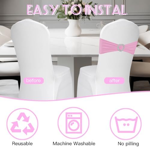 100PCS Spandex Stretch Chair Sashes Bows Universal Elastic Chair Cover Bands Ties with Buckle Slider for Wedding Party Birthday Reception Events Banquet Decoration(Pink) - Image 4