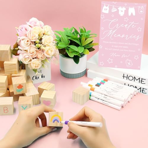 97 Pcs Pink Baby Shower Games Sign Kit,Including Decorate a Block Game Sign 72 DIY Blank Wooden Block 24 Pen to Draw Your Idea for Baby Shower Game Gender Reveal Party - Image 4