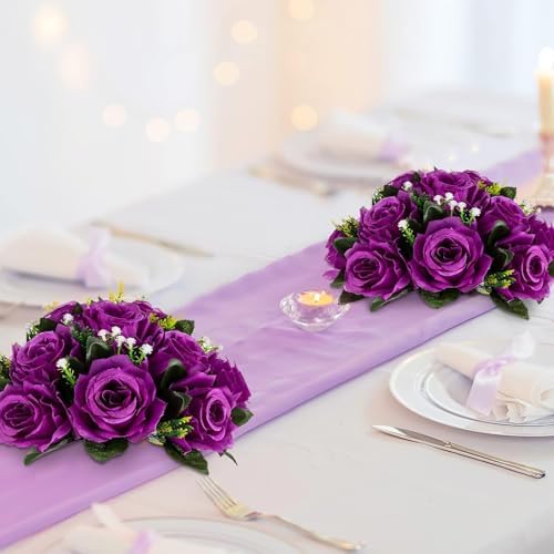 BLOSMON Flower Balls Wedding Rose Centerpieces 6 Pcs Purple Fake Flowers with Base Kissing Balls Decor Artificial Floral Arrangements Flower Bouquet of Roses Home Party Table DIY Decorations - Image 3