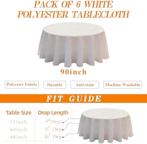 DRESSMAKER 6 Pack Round Table Cloth 90 Inch White Cloth Fit 6FT Round Table - Image 3