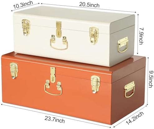 Vixdonos Decorative Large Metal Box Storage Trunk Chest Set of 2 College Dorm Organizer with Hardware Hasps and Handle for Home Deocr,23.7X14.2X9.5 Inches(Beige and Orange) - Image 2