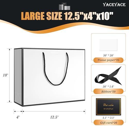 YACEYACE Gift Bags with Ribbon, 20Pack of White Gfit Bags with Bow, Card - Image 3