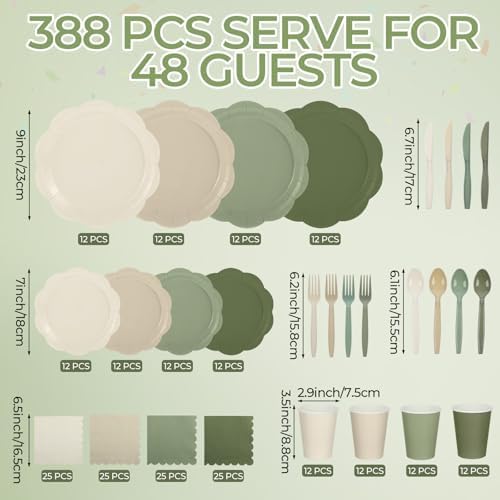 Qinyoung 388 Pcs Sage Green and Beige Plates and Napkins Party Supplies Tableware Include Disposable Scalloped Plate Paper Napkin Cup Plastic Cutlery for Baby Shower Party Wedding Birthday, 48 Sets - Image 2
