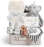 iAOVUEBY Baby Shower Gifts, Baby Boy Gifts, Christmas Baby Gift Set for Newborn Essentials Baby Blanket Elephant Lovey Wooden Rattle, Infant Bibs Socks & Greeting Card, Gender Reveal Gift Basket by iAOVUEBY
