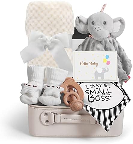iAOVUEBY Baby Shower Gifts, Baby Boy Gifts, Christmas Baby Gift Set for Newborn Essentials Baby Blanket Elephant Lovey Wooden Rattle, Infant Bibs Socks & Greeting Card, Gender Reveal Gift Basket by iAOVUEBY
