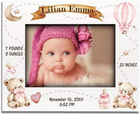 BELLA BUSTA-Personalize Baby Teddy Bear Birth Announcement Theme Picture Frame- Baby Shower, Birth Details Keepsake (Girl-Pink (5x7 Horizontal)) by BELLA+BUSTA