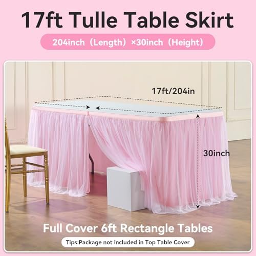 204in Baby Pink Tulle Table Skirts for Rectangle Tables 6ft 8ft, 2-Layer 17 ft Long Gold Grim Princess Pink Ruffle Tulle Tutu Table Skirt Cloth for Girl Birthday Baby Cake Dessert(No Table Cover) - Image 5