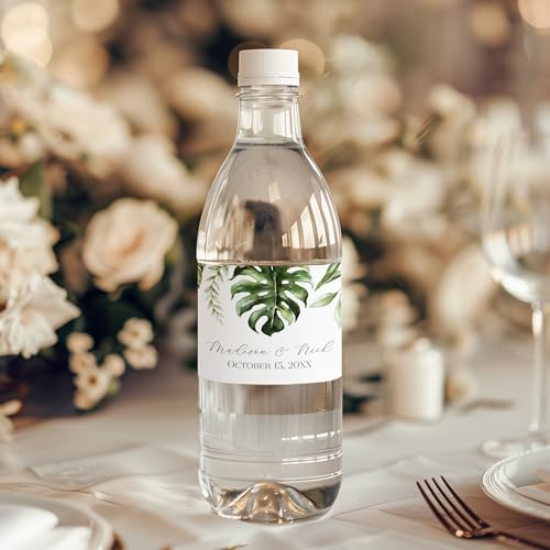 Personalized Water Bottle Labels with Choice of 30 Flower Styles - Choose Font and Pre-Made Phrases or Design Custom Text - LABELS ONLY (006 Palm Leaves, 2 inch (8.5x2")) - Image 2