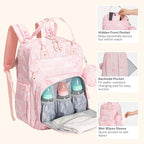 BabbleRoo Diaper Bag Backpack - Baby Essentials Travel Tote - Multi Function Water Resistant Diaper Bag, Travel Essentials Baby Bag with Changing Pad, Stroller Straps & Pacifier Case - Pink Birdy - Image 5
