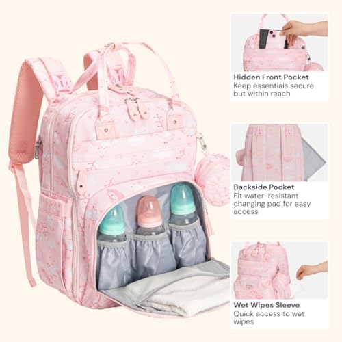 BabbleRoo Diaper Bag Backpack - Baby Essentials Travel Tote - Multi Function Water Resistant Diaper Bag, Travel Essentials Baby Bag with Changing Pad, Stroller Straps & Pacifier Case - Pink Birdy - Image 5