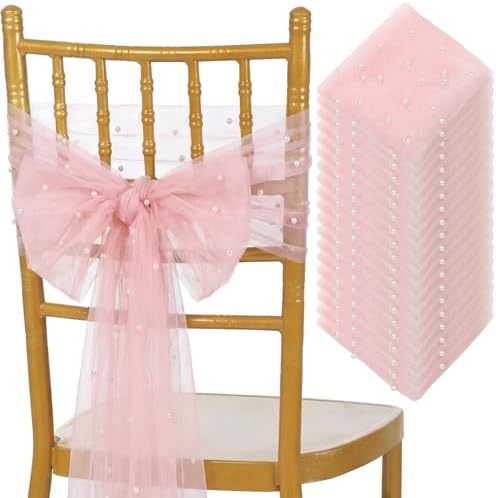 VitalCozy 50 Pack Pink Pearls Vintage Chair Sashes with Bows Wedding Decor by VitalCozy