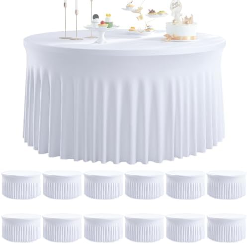 12 pk Round Spandex Tablecloths for 60inch Table, Stretchy Wrinkle Free 120inch Fitted 5FT Round Table Cloths Cover with Skirt for Wedding Party Birthday Banquet Engagement by Htper