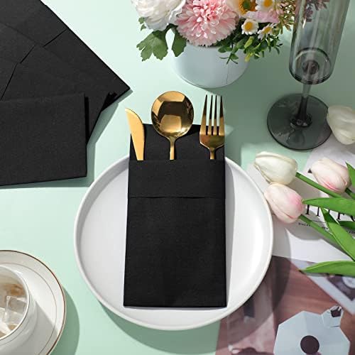 Cindeer 150 Pcs Black Linen Dinner Napkins with Built in Flatware - Image 6