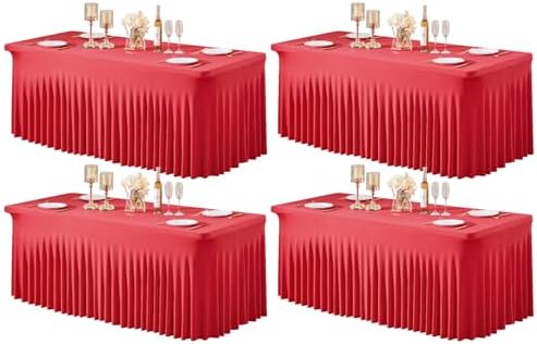 4 Packs Red Table Clothes for 6 Foot Rectangle Tables, Wrinkle Resistant Stretch Spandex Table Covers Fitted Tablecloth with Skirt for Valentines Event Banquet Wedding Birthday Party by PartyTalk