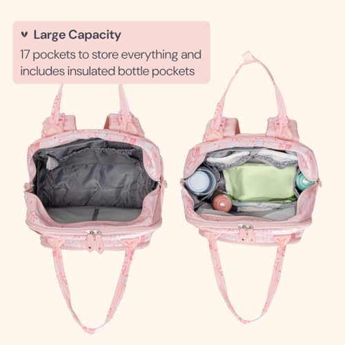 BabbleRoo Diaper Bag Backpack - Baby Essentials Travel Tote - Multi Function Water Resistant Diaper Bag, Travel Essentials Baby Bag with Changing Pad, Stroller Straps & Pacifier Case - Pink Birdy - Image 3