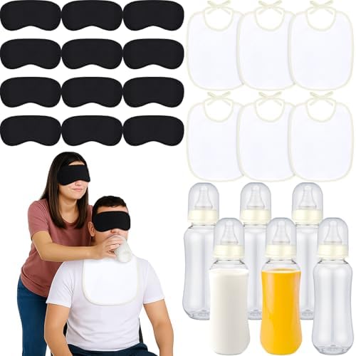 Leinuosen 24 Pcs Baby Shower Blindfold Feeding Game Set Include 6 Plastic Chug Bottles 6 Bib and 12 Eye Mask Blindfold Baby Feeding Bottle Chug Game for Adult Gender Reveal Party Supplies(Milky White) by Leinuosen