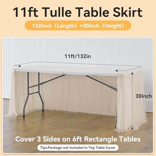 132in Champagne Gold Tulle Table Skirts for Rectangle Tables 8ft 6ft 4ft, 2-Layer Beige Ruffle Tulle Tutu Cloth Table Skirt 11ft for Wedding Party Birthday Baby Shower Cake Dessert(No Table Cover) - Image 5