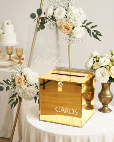Gold Acrylic Wedding Card Box with Slot and Lock, Metallic Mirror Card Holder for Reception, Graduation, Bridal, Baby Shower, Birthday Party, Classy Golden Decorative Gift Boxes for Money Envelope - Image 5