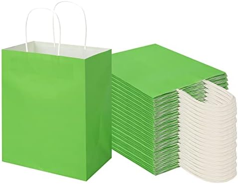 Toovip 100 Pack 8x4.75x10 Inch Medium Grass Green Kraft Paper Bags with Handles Bulk, Gift Wrap Bags for Favors Grocery Retail Party Birthday Shopping Business Goody Craft Merchandise Take Out Sacks by Toovip