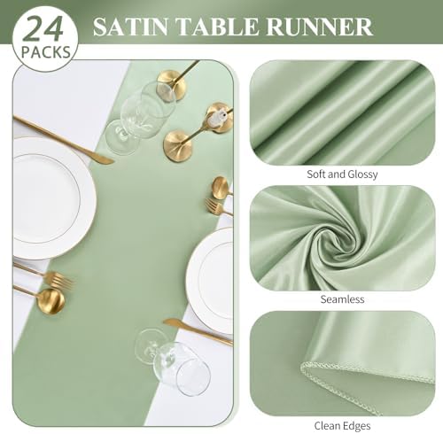 24 Pack Sage Green Satin Table Runners, 12 x 108 Inch Long Table Runners for Rectangle Round Tables,Smooth Satin Table Runner for Wedding,Birthday Party Banquets Graduation Engagements Decoration - Image 3