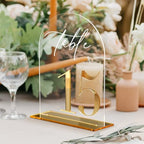 HOODO Clear Arch Wedding table numbers 1-15 with Stands, 5"x7" Arched Acrylic Signs with Gold Mirror Numbers, Clear and Gold Acrylic Table Numbers for Wedding Reception, Party, Anniversary, Event by Unknown