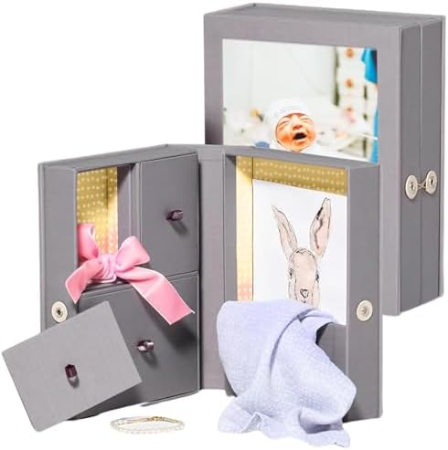 Savor Small Baby Story Box Fabric Photo Frame with Keepsake Box for Newborn Picture, First Tooth, Hospital Bracelet, Sonogram, New Baby Announcement Gift by Savor