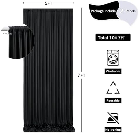 10 ft x 7 ft Wrinkle Free Black Backdrop Curtain for Parties, Polyester Black Photo Backdrop Drapes for Graduation Birthday Wedding Party Stage Curtains, Background Curtains for Backdrop Stand - Image 5