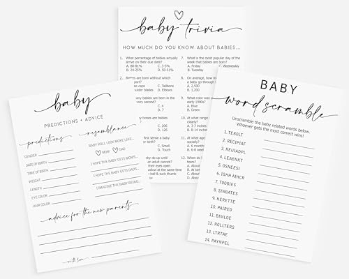 All Ewired Up 150 Piece Minimalist Baby Shower Games for 50 Guests, Trivia, Predictions & Advice, Word Scramble, Thick Card Stock by AllEwiredUp