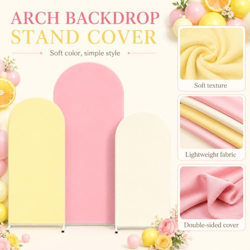 FYSUIMU 3 Pcs Pink Yellow Arch Backdrop Covers Pastel Stretchy Spandex Arch Stand Fabric Cover for Summer Lemon Wedding Birthday Baby Bridal Shower Party Decoration (4ft/5ft/6ft) - Image 3