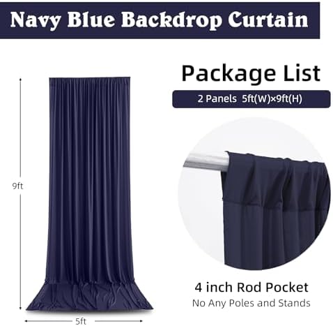 10ft x 9ft Navy Blue Backdrop Curtains for Parties Weddings, Wrinkle Free Silky Polyester Fabric Photo Backdrop Drapes, 2 Panels 5X 10 ft Navy Backfrounds Cloth for Birthday Graduation Photography - Image 5