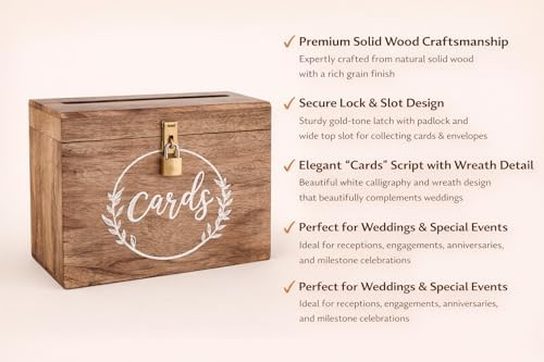 Wooden Wedding Card Box with Lock and Card Slot for Reception, Party W1 - Image 4