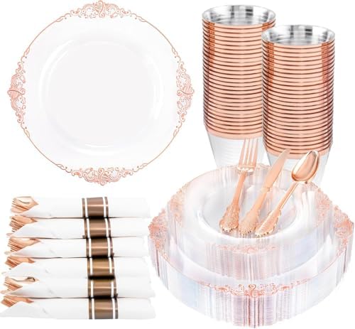 Nervure 175Pcs Rose Gold Plates, Disposable Party Plates for 25 Guests by Nervure