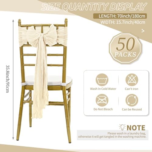 50 PCS Cheesecloth Chair Sashes Bows Wedding Aisle Decorations Chair Ribbon Ties Back Sash for Wedding Party Events Banquet Chair Cover Decoration (Ivory) - Image 2