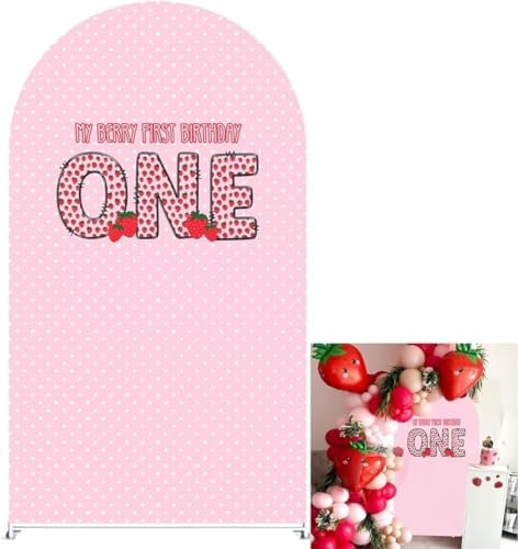 Strawberry Arched Fabric Backdrop Covers for My Berry First Birthday Pink Stretchy Arch Stand Cover Baby Shower Party Decorations Props (4.6x8FT Only Cover) by Iydamc