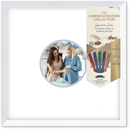 Solid Wood Signature Frame With Circle Opening - White Wood - Sky Blue Accent Mat - Guest Book Alternative With Gel Pens Made in the USA by CustomPictureFrames