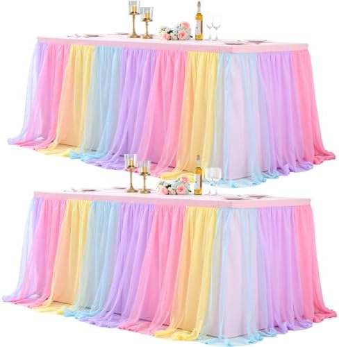 Rainbow Fitted Tablecloth Rectangle 6 Foot Elastic Tulle Ruffle Tablecloths Rectangular Stretch Spandex Table Covers 6ft Baby Shower Birthday Wedding Party Pastel Table Cloths with Skirt 2Pack by LittleFunny