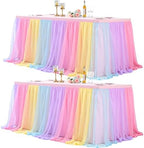 2 Pack 8ft Rainbow Tulle Tablecloths for Rectangle Tables, 8 Foot Rainbow Rectangular Table Cloth Wrinkle Free Tablecover with Tutu Skirt for Baby Shower Girls Birthday Party Banquet Buffet Cake by Suppromo