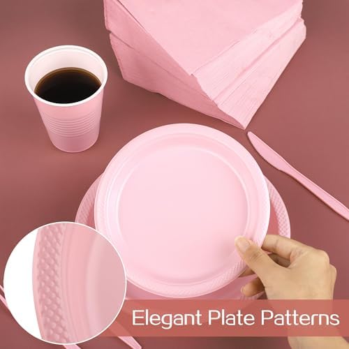 Aodaer 400 Pieces Pink Party Supplies Disposable Dinnerware Set Include Plastic Plates Cups Knives Forks Spoons Paper Napkins for Birthday Wedding Graduation Parties, Serve 50 Guests - Image 4