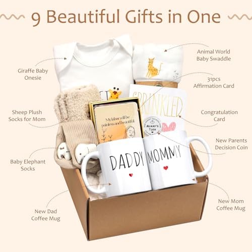 New Mom Gifts for Women, 9pcs Pregnancy Gifts for Expecting Mom, Cute Baby Gifts New Parents Gifts for Couples w/Mom and Dad Mugs for Gender Reveal Baby Shower First Time Mom to be Gifts(Khaki) - Image 2