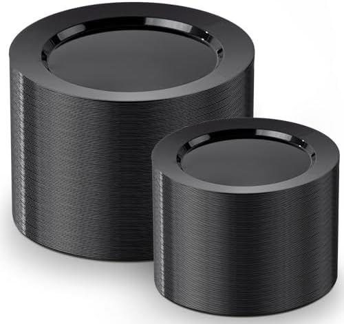 FLOWERCAT 200PCS Black Plastic Disposable Plates for Party - 10 "&7" Black Plastic Plates - Serve for 100 Guests for Summer Party & Birthday & Wedding&Halloween by FLOWERCAT