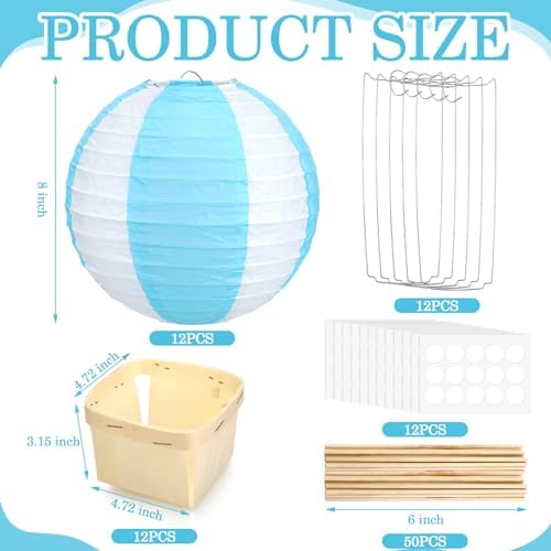 Rossesay 12 Sets Hot Air Balloon Decorations DIY Paper Lanterns Baby Shower Table Centerpieces Wooden Basket with Sticks for Gender Reveal, First Birthday Party, Wedding, Graduation(Blue) - Image 2
