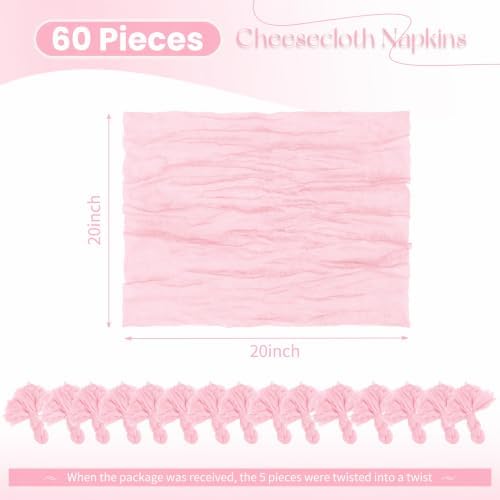 60 Pack Pink Cloth Napkins 20x20 Inch Cheesecloth Napkins Rustic Boho Gauze Dinner Napkin Cloth Washable Elegant Table Napkins for Wedding Party Bridal Baby Shower Table Decor - Image 2