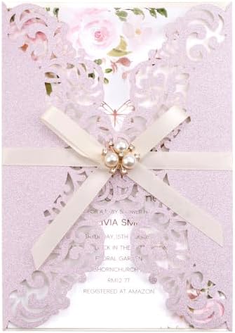 Glitter Purple Pink Wedding Invitations with RSVP and Envelopes Blank 50pcs by Maffily