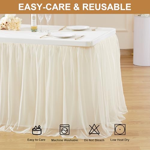 Wish Care Light Champagne Tulle Table Cloth for 8 Foot Rectangle Tables 8ft Wrinkle Free Tablecloths Tutu Skirt Stretch Fitted Ruffle Table Covers for Wedding Birthday Party Banquet Cake Tables Decor - Image 6