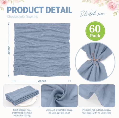 60Pack Dusty Blue Cheesecloth Napkins Rustic Boho Gauze Napkins 20"x20" - Image 3