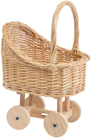 Vintage Woven Rattan Baby Carriage Basket – Handcrafted Wicker Stroller for Baby Shower, Flower Girl Basket, Baby Things, Rustic Home Decor, Photography Props, Floral Arrangements(Middle) by Unknown